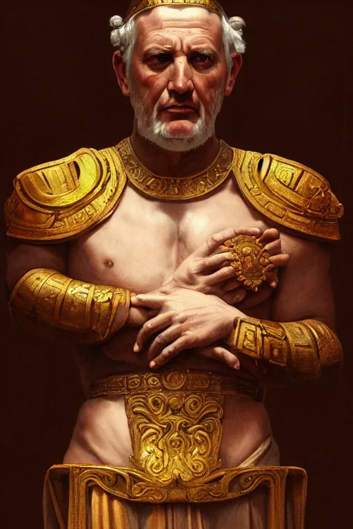 Image similar to ancient rome emperor, realistic portrait full body, symmetrical, highly detailed, digital painting, artstation, concept art, smooth, sharp focus, illustration, cinematic lighting, art by artgerm and greg rutkowski and alphonse mucha