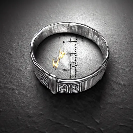 Image similar to the ring from lord if the rings with an imprinted ruler, cm scale imprinted on the inside of the ring, one ring to rule them all, dark background, highly detailed, 8 k, trending on artstation, mystic, rpg artwork, by peter jackson, by sauron