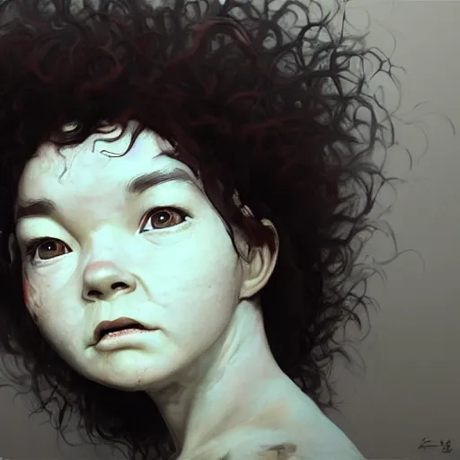 Image similar to head portrait of fresh faced young bjork as a zombie with large fluffy back - combed hair, 7 days to die zombie, gritty background, fine art, award winning, intricate, elegant, sharp focus, cinematic lighting, digital painting, 8 k concept art, art by michael hussar, art by brom, art by guweiz and z. w. gu, 8 k