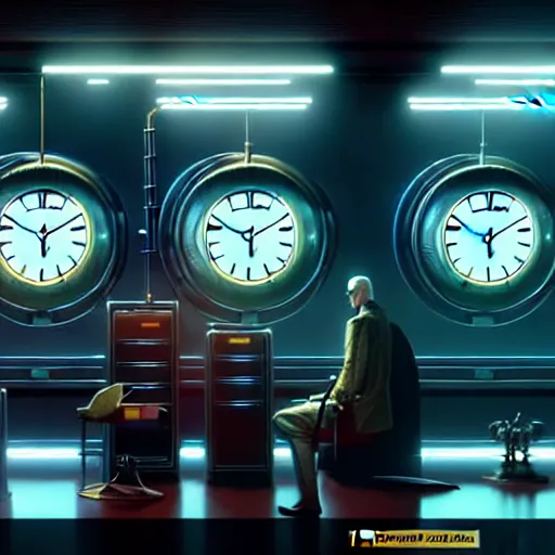 Image similar to clocks in the main office of the time saving bank, cyber punk, retro machinery, futuristic hi-tech details, art by anthony macbain + greg rutkowski + jean giraud, concept art, 4k, sharp focus, cinematic render unreal engine