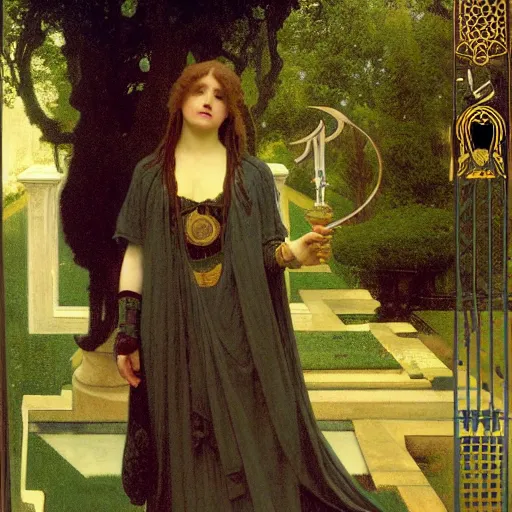 Image similar to A girl with on the front of a Balustrade porch with a hedge maze on the background, major arcana occult clothes, by paul delaroche, alphonse mucha and arnold böcklin arnold böcklin hyperrealistic 8k, very detailed