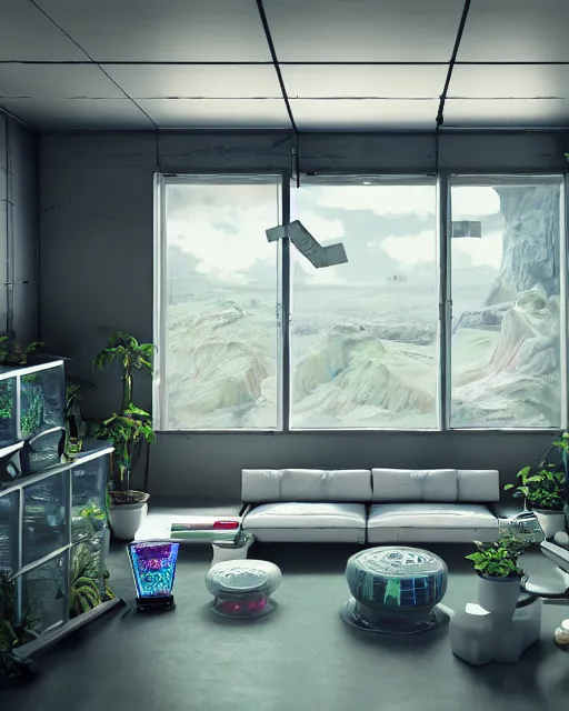 Prompt: artstation scifi scene of a safe room as ikea ad, lounge furniture, sky mural on the room ceiling, holographic gitchart windows, large terrarium, paneled walls, unreal engine 5, hyper realism, realistic shading, cinematic composition, blender render, octane render, hdr, detailed textures, photorealistic, wide shot