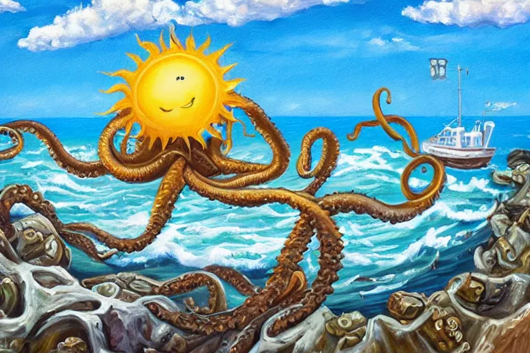 Prompt: a happy sunny oil painting of a kraken devouring the ancient home of the baby seals, bright sunny day with puffy clouds, relaxing