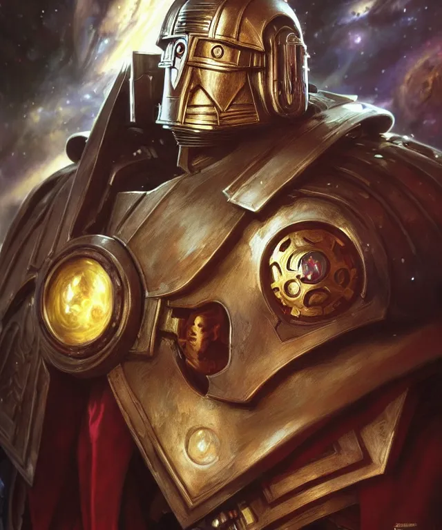 Image similar to Tom Pertwee Doctor Who as Warhammer 40k Space Marine, portrait, fantasy, intricate, elegant, highly detailed, digital painting, artstation, concept art, smooth, sharp focus, illustration, art by artgerm and greg rutkowski and alphonse mucha