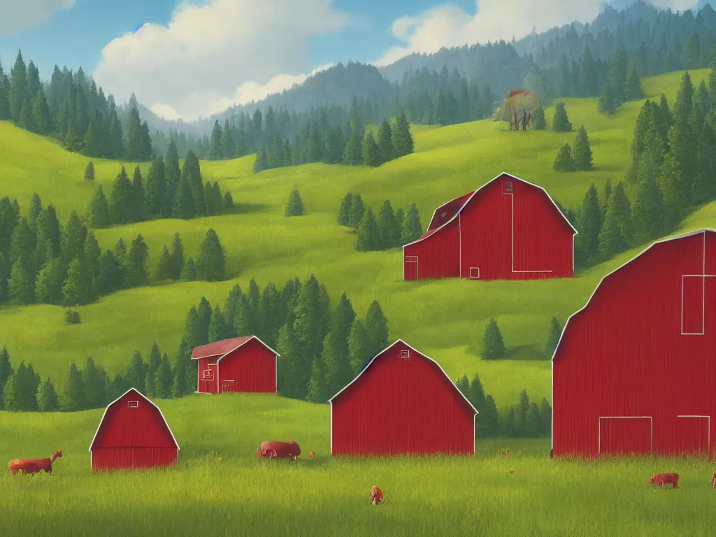 Image similar to An isolated red barn in a lush valley at noon. Simon Stalenhag, highly detailed.