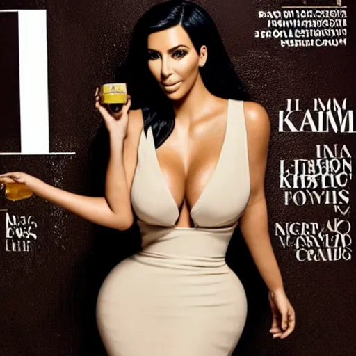 Prompt: kim kardashian posing for her magazine cover with champagne flying out of the open bottle in her hand landing in her shelf behind her stunning award winning photography