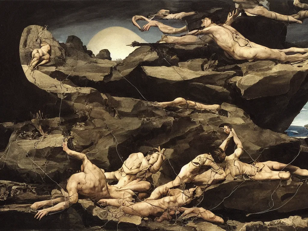 Image similar to Tormented man tied to a boulder with the strange reptile, fungi, mollusks creatures of Mars. Surreal, melancholic, vortex river, fumesm iceberg. Painting by Caravaggio, Caspar David Friedrich, Walton Ford