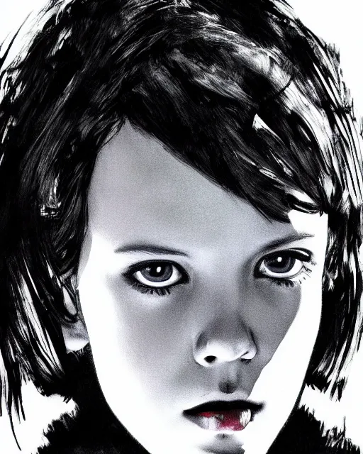 Image similar to close up portrait of millie bobby brown by yoji shinkawa, black and white, dramatic lighting