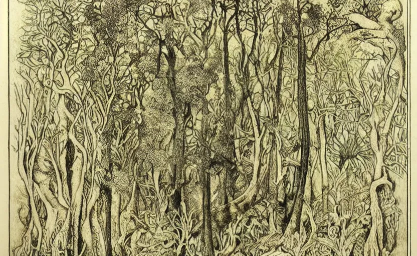 Image similar to mysterious forest by ernst haeckel, very beautiful, dreamy, poetic, melancholy:: pyrography