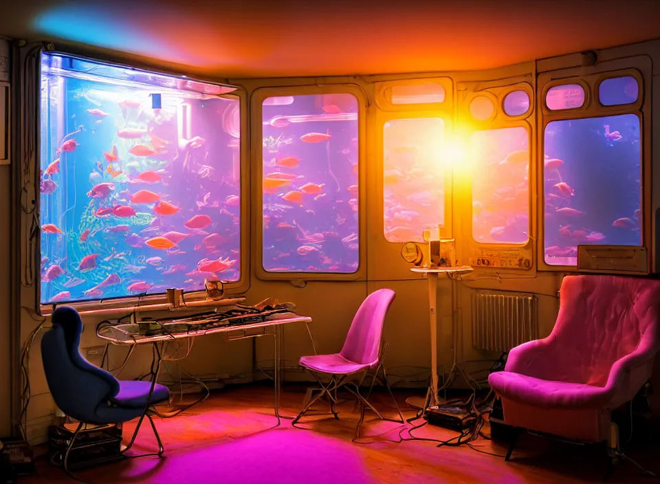 Image similar to telephoto 7 0 mm f / 2. 8 iso 2 0 0 photograph depicting the feeling of chrysalism in a cosy cluttered french sci - fi ( art nouveau ) cyberpunk apartment in a pastel dreamstate art cinema style. ( aquarium, computer screens, window ( city ), leds, lamp, desk ( ( ( armchair ) ) ) ), ambient light.