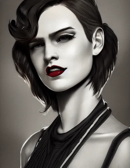 Prompt: intelligent female pirate captain 3 5 years old, 1 9 3 0 s haircut, fully clothed, wise, beautiful, portrait by stanley artgerm, dramatic lighting, trending on artstation, flat colour, geometric curves, gradient filter, art deco pattern, sharp focus