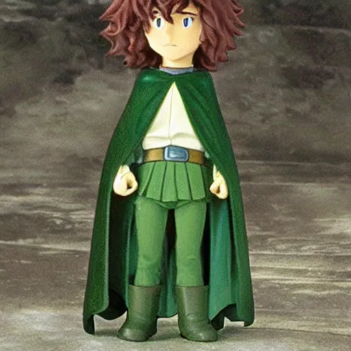 Image similar to peregrin took from the anime lord of the rings (1986), dark hair, green cape, hobbit, studio ghibli, very detailed, realistic