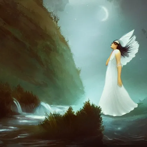 Prompt: she gave a childy cloudy cry: Nuee! Nuee! A lightdress fluttered. She was gone. And into the river that had been a stream