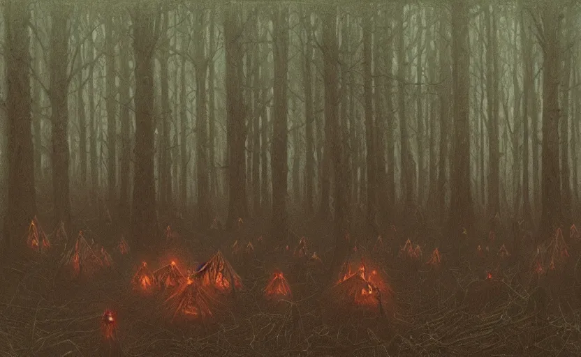 Image similar to demons surround a campsite in the forest by Beksinski, 4k, masterpiece