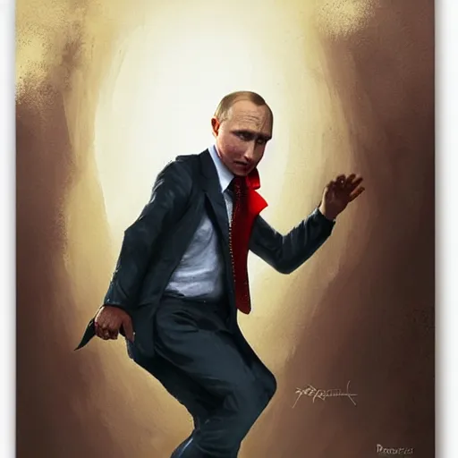 Prompt: putin wearing an funny clothes and dancing by greg rutkowski