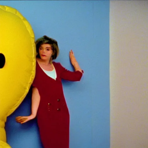 Image similar to still from a 1994 arthouse film about a depressed woman dressed as an inflatable smiley who meets a handsome younger man in a seedy motel room, color film, 16mm soft light, weird art on the wall