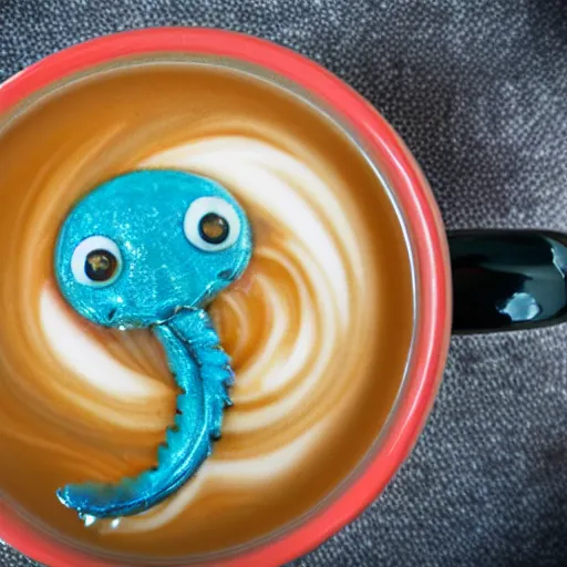 Prompt: little cute sea monster in my morning coffee, close-up photograph, award winning