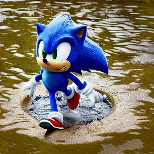 Prompt: sonic the hedgehog slipping in to a water puddle