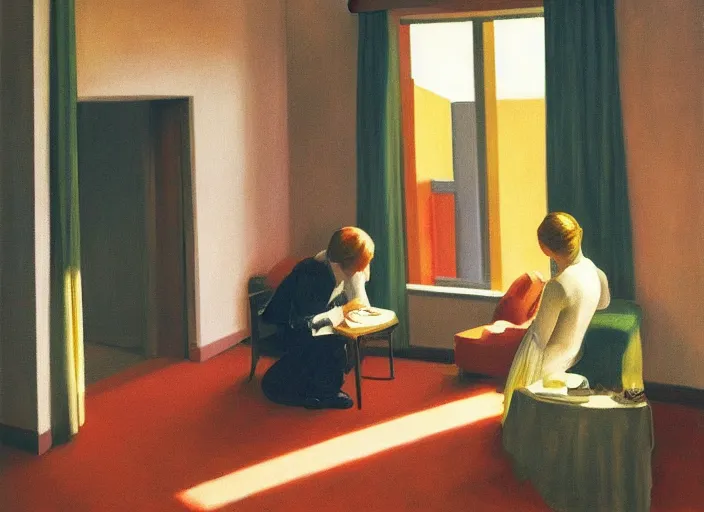 Image similar to two people in a hotel room in afternoon light, oil painting by edward hopper