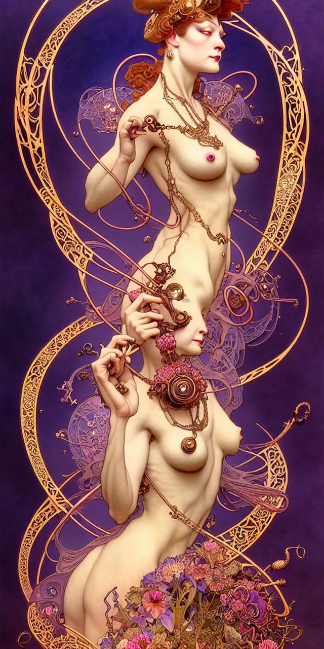 Image similar to beautiful matahari art nouveau fantasy character portrait, ultra realistic, intricate details, the fifth element artifacts, highly detailed by peter mohrbacher, hajime sorayama, wayne barlowe, boris vallejo, aaron horkey, gaston bussiere, craig mullins alphonse mucha, art nouveau curves swirls and spirals, flowers pearls beads crystals jewelry goldchains scattered