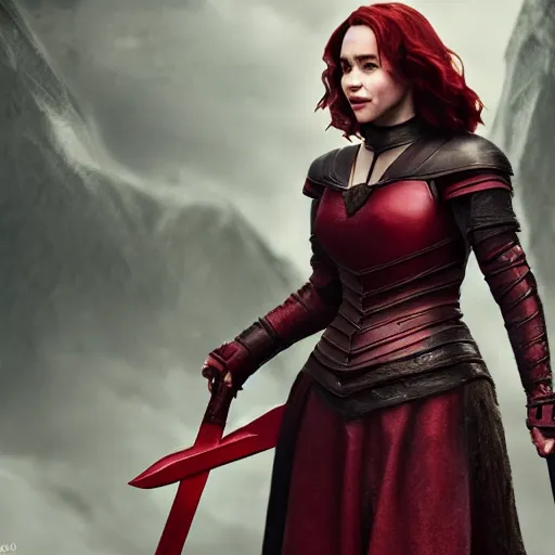 Image similar to emilia clarke, as a medieval fantasy character, with dark red hair, wearing light armor and red clothing, holding a longsword, determined expression, noble, cinematic, dark, realistic, digital art, 8 k