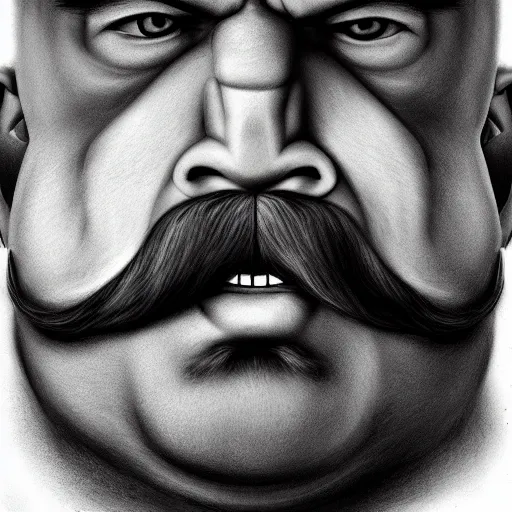 Image similar to face portrait a big beefy man with a large face, thick dark hair, a bushy black moustache, with hardly any neck and mean little eyes, highly detailed, digital art, sharp focus, trending on art station, charcoal drawing