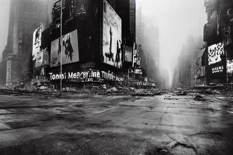 Prompt: dark photo of an destroyed times square after a nuclear attack, thunderstorm, pictorialism, desolate