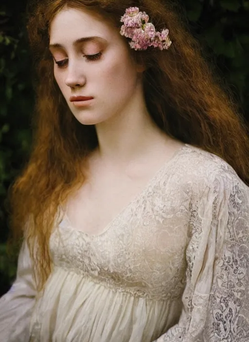 Image similar to Kodak Portra 400, 8K, soft light, volumetric lighting, highly detailed, britt marling style 3/4, Close-up portrait photography of a beautiful woman how pre-Raphaelites a woman with her eyes closed is surrounded by water, she has a beautiful lace dress and hair are intricate with highly detailed realistic beautiful flowers , Realistic, Refined, Highly Detailed, natural outdoor soft pastel lighting colors scheme, outdoor fine art photography, Hyper realistic, photo realistic