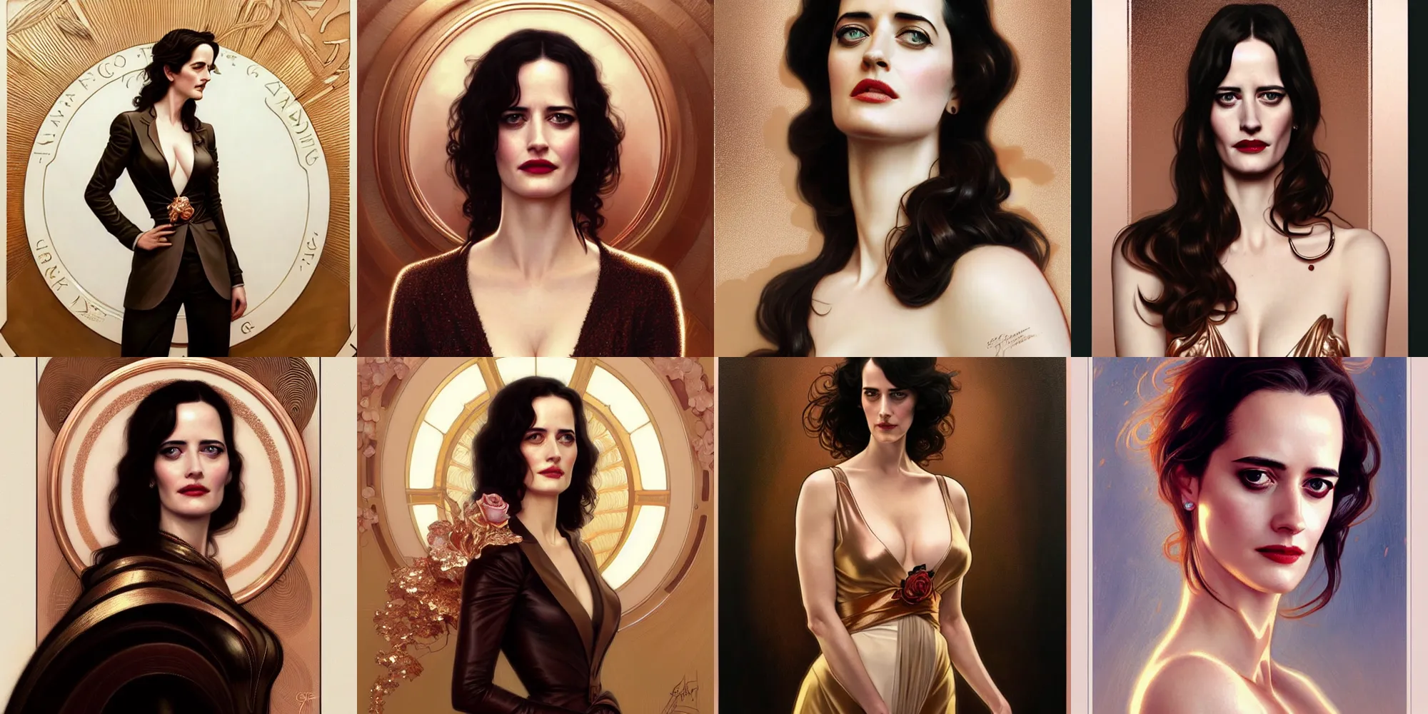 Prompt: Eva Green with a rose gold suit, with no derpy face, portrait, intricate, elegant, highly detailed, digital painting, artstation, concept art, rough, sharp focus, illustration, art by artgerm and greg rutkowski and alphonse mucha