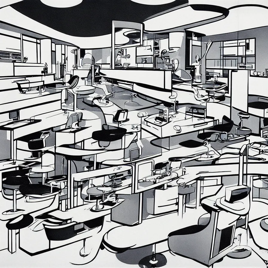 Prompt: concept art of jetsons cartoon scenario of a futuristic hair salon, painted by dieter rams