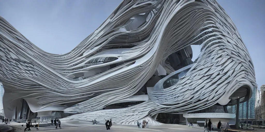 Prompt: extremely detailed ornate stunning beautiful elegant futuristic museum exterior by Zaha Hadid