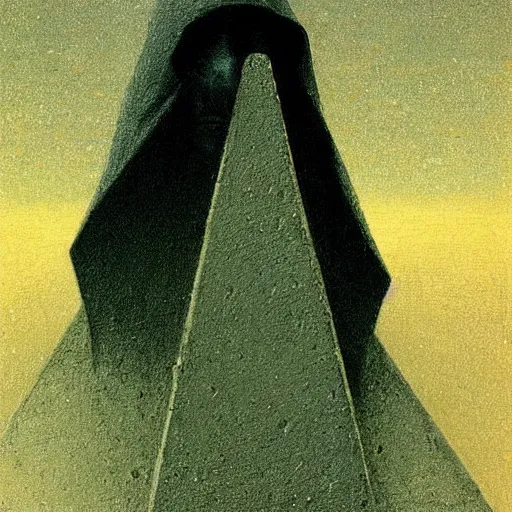 Image similar to a closeup of a hooded figure holding a small pyramid on a ferry in the underworld, charon, greek mythology, beksinski