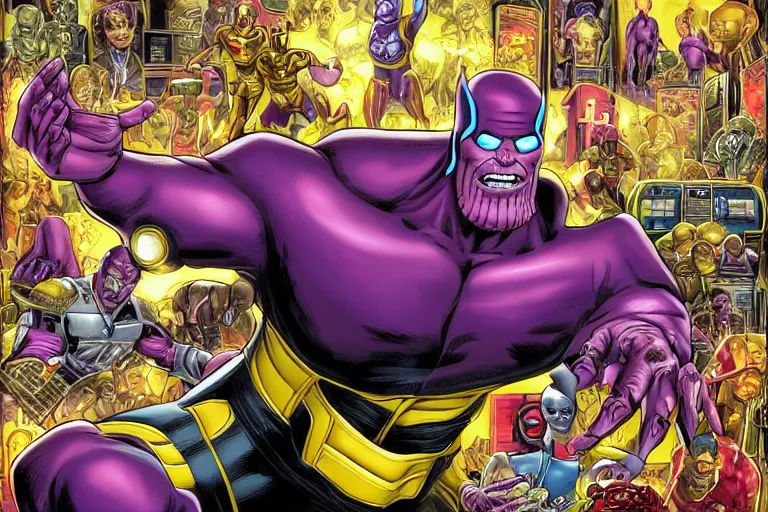 Image similar to thanos working at a fast food chain serving ironman, ultra realistic, hdr, symmetrical, by joe jusko