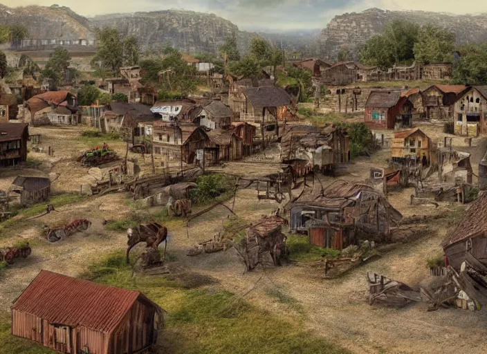 Prompt: realistic photo of a town, settlement, buildings, detailed scenery, stone age time period