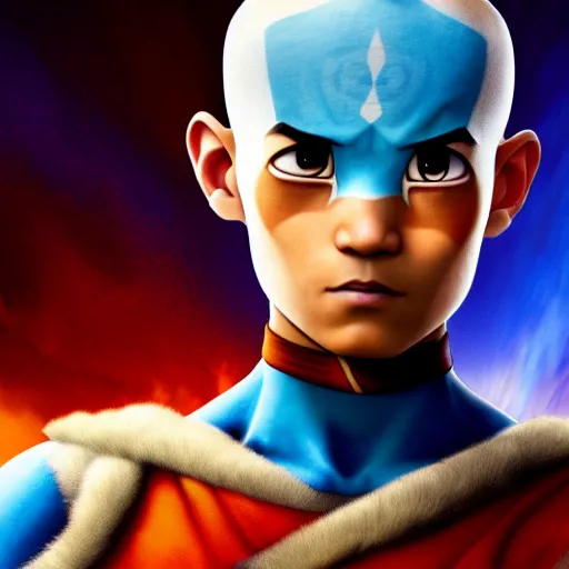 Image similar to a portrait of Aang from Avatar: The Last Airbender by Zack Snyder, Avatar the Last Airbender, 8k photorealistic, cinematic lighting, HD, high details, dramatic