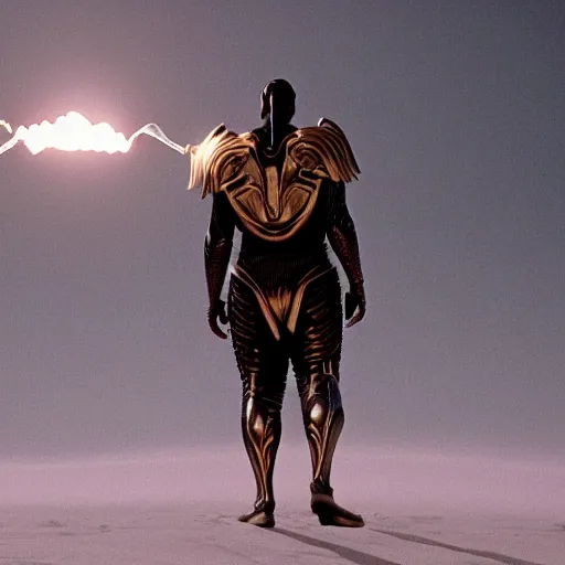 Image similar to a male humanoid giant with skin that looks like black and white porcelain, the giant is wearing a golden armor and his back has wings made of electricity, the giant has a thurible in his hand, cinematic detailed dune movie still