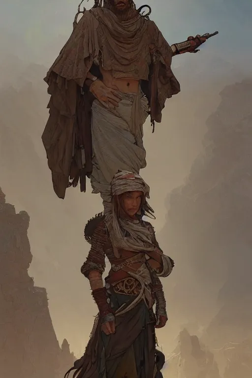 Image similar to a full body portrait of a beautiful post apocalyptic offworld desert bedouin blind barbarian leper by the road, intricate, elegant, highly detailed, digital painting, artstation, concept art, smooth, sharp focus, illustration, art by krenz cushart and artem demura and alphonse mucha