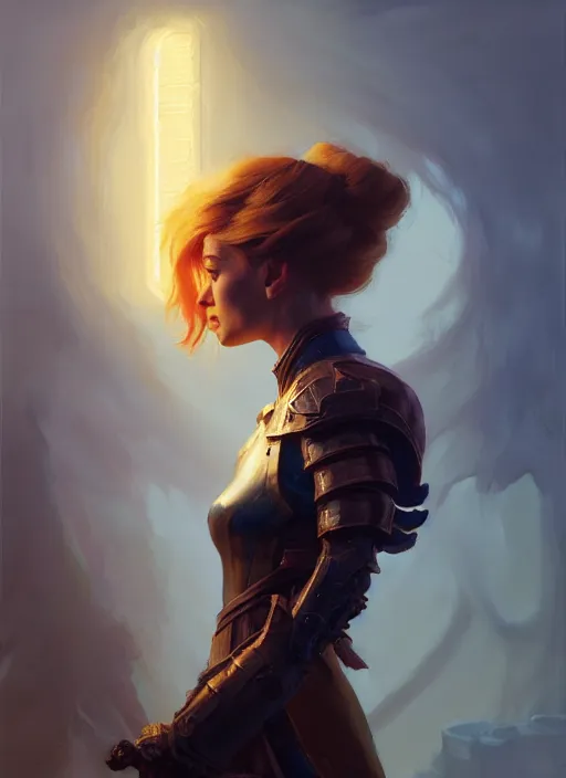 Image similar to side portrait, imogen poots, paladin, gloomhaven, organic painting, hard edges, luminescent, octane render, by greg manchess, huang guangjian, gil elvgren, sachin teng, greg rutkowski, jesper ejsing, rhads, ilya kuvshinov, cushart krenz