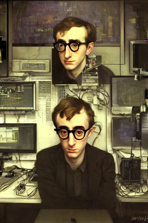 Image similar to hyperrealist cyberpunk portrait of a young ducktail bearded middle eartern woody allen, it is decorated with long computer wires and computer monitors in the cyberpunk office background. by jeremy mann and alphonse mucha, fantasy art, photo realistic, dynamic lighting, artstation, poster, volumetric lighting, very detailed faces, 4 k, award winning