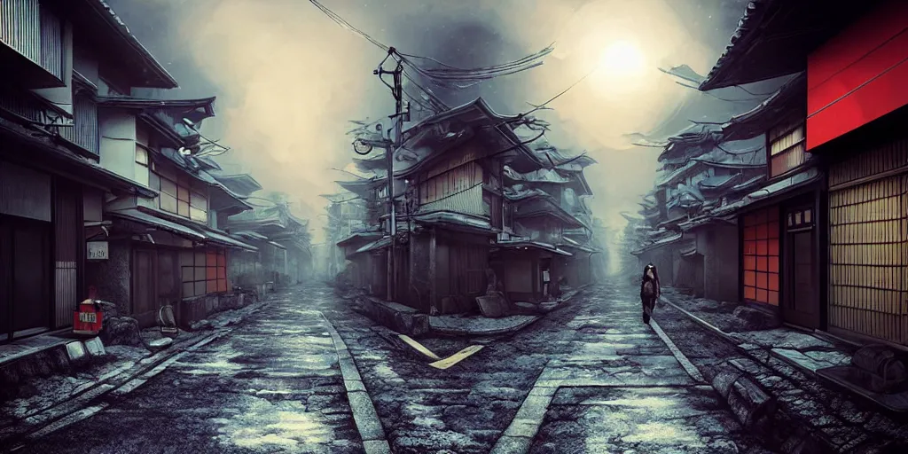 Image similar to nuclear winter, street of kyoto, near future, fantasy, sci - fi, hyper realistic, serene, morning.