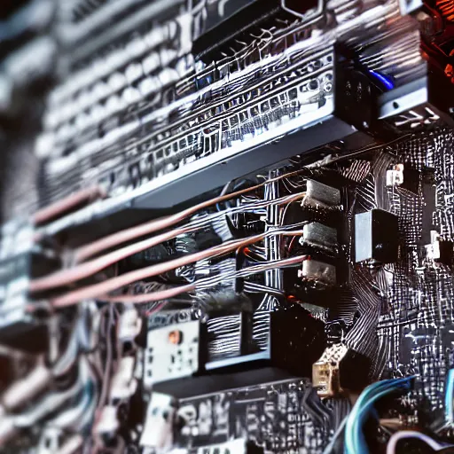 Image similar to a portrait photograph of a big aggressive male cyberpunk pig, circuit boards, motherboard, mainboard, wires, cable management, electrical wires, activity lights, cyberpunk, artstation, detail, hyperrealistic, digital photograph, natural light canon eos c 3 0 0, ƒ 1. 8, 3 5 mm, 8 k