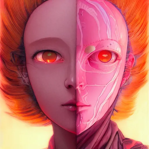 Image similar to prompt : pink and orange portrait soft light painted by james jean and katsuhiro otomo and erik jones, inspired by evangeleon anime, smooth face feature, intricate oil painting, high detail illustration, sharp high detail, manga and anime 1 9 9 9