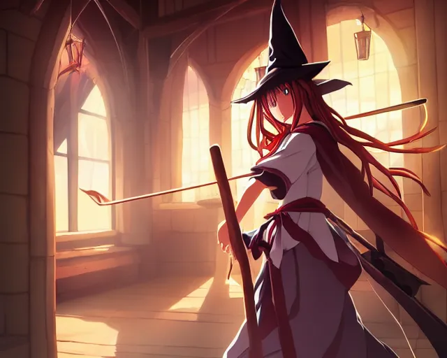 Image similar to key anime visual portrait of a young robed female witch holding a staff in a tavern interior, dynamic pose, dynamic perspective, cinematic, dramatic lighting, muted colors, fine detail, textured