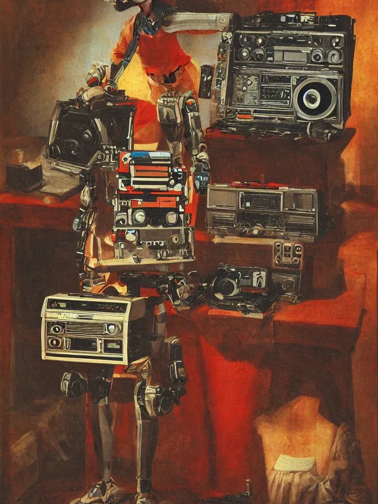 Image similar to allegory painting of an humanoid robot with a ghettoblaster boombox for a head, wooden body, normal body proportions, room lit by candles, red fox