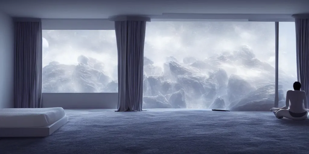 Prompt: a futuristic bed in the foreground of a futuristic minimalistic room with a huge window overlooking an alien planet, photorealistic, cinematic, octane render by oblivion movie thom tenery
