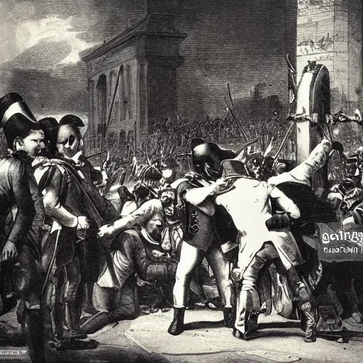 Prompt: french revolution angry people and guillotine in front of them, low angle