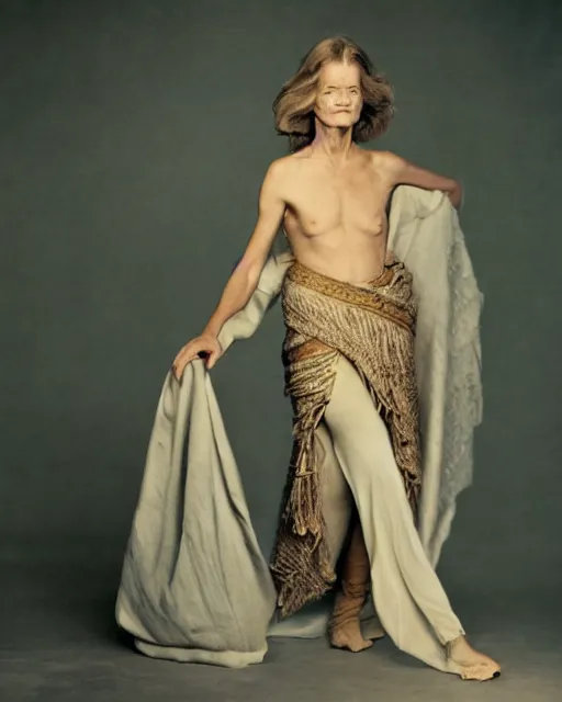 Image similar to The beautiful young actress Charlotte Rampling as the greek Fate Clotho, one of the weavers of Destiny, photographed in the Style of Annie Leibovitz , studio lighting