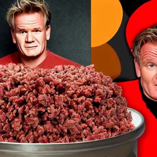Image similar to Gordon Ramsey screaming at a giant pile of ground beef, photo, reality tv show lighting