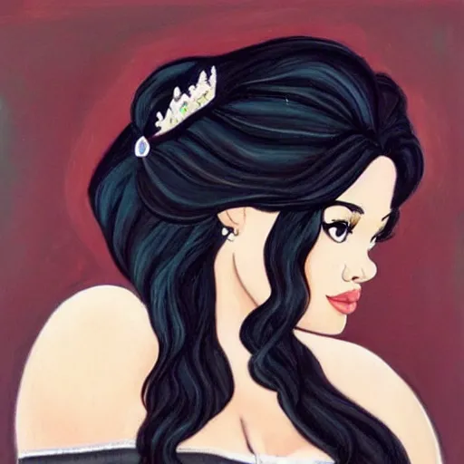 Image similar to a beautiful curvy woman with long black hair, brown eyes, tanned skin as a disney princess. painting.