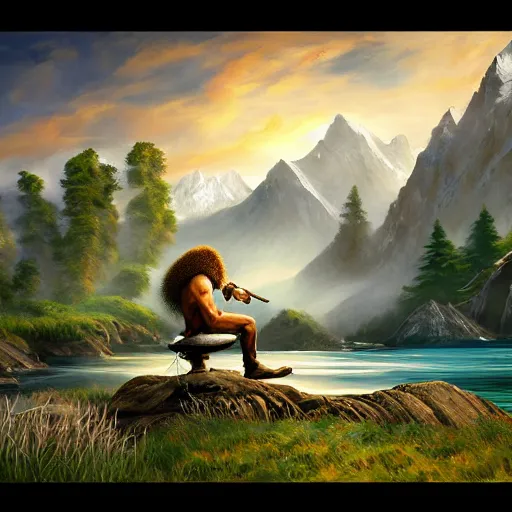 Image similar to a closeup photorealistic photograph of bob ross working on a canvas painting of aquaman. film still. brightly lit scene. mountains and trees. this 4 k hd image is trending on artstation, featured on behance, well - rendered, extra crisp, features intricate detail, epic composition and the style of unreal engine.